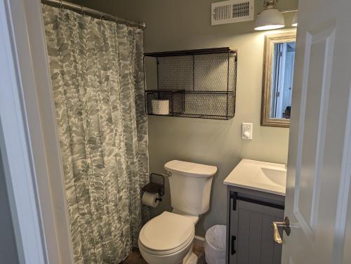 a bathroom with a toilet and a shower curtain at The Calico Cottage in Lewis Center