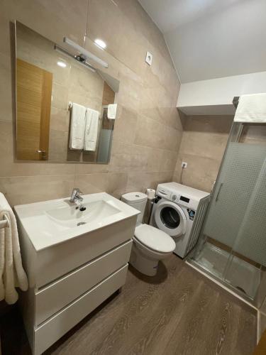 a bathroom with a toilet sink and a washing machine at Apartamento Paseo Malecón Planta 2 in Monforte de Lemos