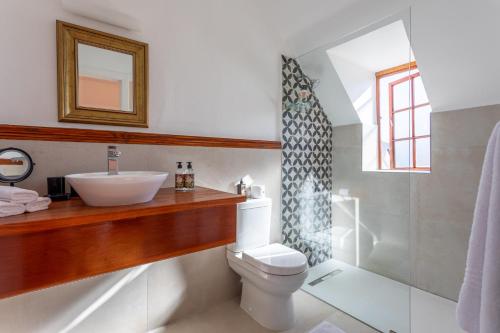 een badkamer met een wastafel, een toilet en een douche bij Acorn House in Kaapstad