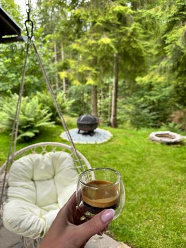 a person holding a glass of wine in a yard at Chalet Látky in Látky
