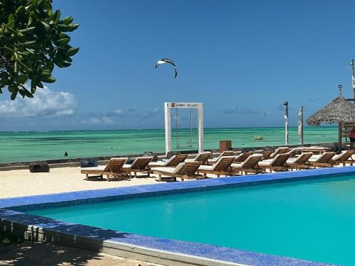 a swimming pool with lounge chairs and the ocean at Amour Beach Villas in Paje
