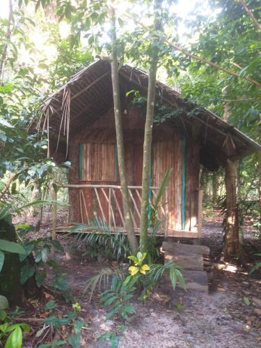 a small hut in the forest with a flower in front at Casa da Ilha Cotijuba in Belém