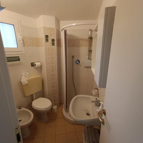 a bathroom with a toilet and a shower and a sink at Estensi 14 in Lido degli Estensi