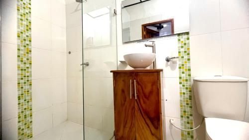 a bathroom with a shower with a sink and a toilet at Hotel Villa de Mompox in Mompos