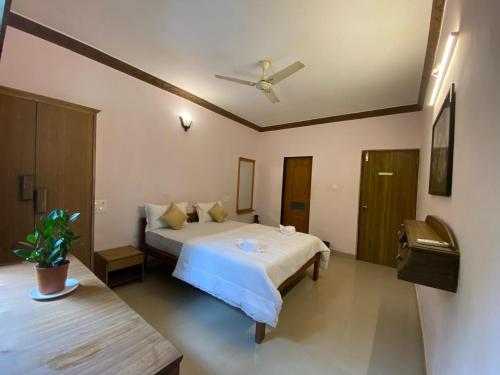 a bedroom with a bed and a ceiling fan at Ashvem Beach inn in Mandrem