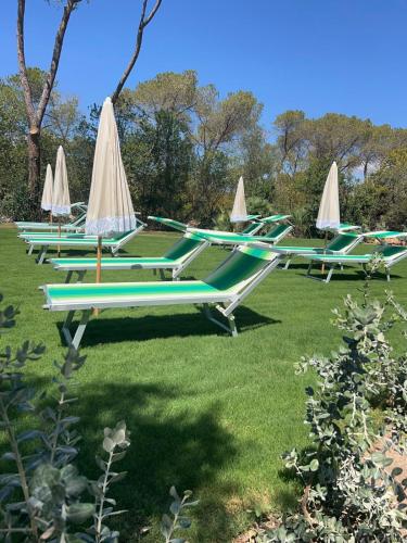 a row of lounge chairs with umbrellas on the grass at Hotel Fertilia in Fertilia