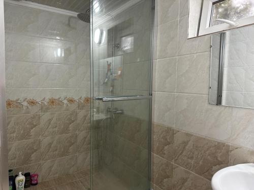 una ducha con puerta de cristal en un baño en Aport 24, en Karakol