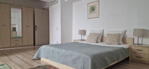 a bedroom with a large bed and two lamps at Pensiunea Studio in Bacău