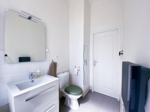 a bathroom with a sink and a toilet and a mirror at Appartement Vichyssoise Edwige in Vichy