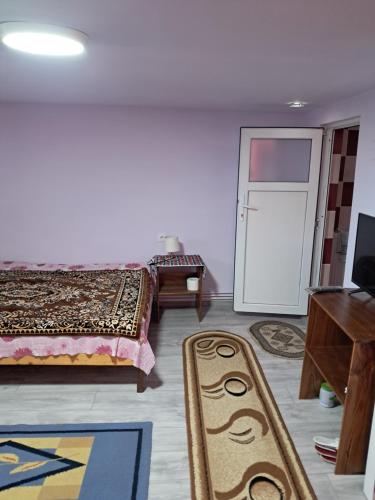 a bedroom with a bed and a table and a door at Casa boierului Imbri in Cârțișoara