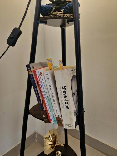 a book rack with books on top of it at Luxury AC 2BHK Full Furnished with Sunrise View, Hill View, Pool, Kitchen, Ergonomic Workstation in Hinjewadi