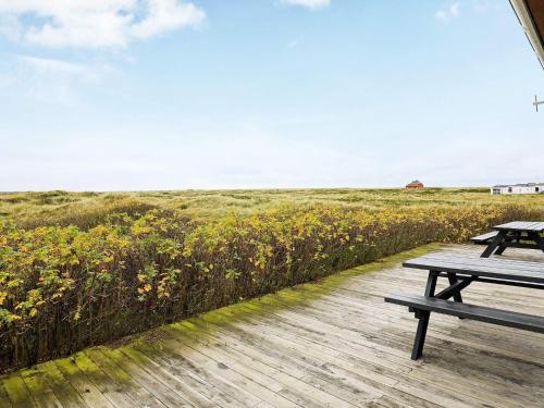 two picnic tables on a boardwalk next to a field at 10 person holiday home in Frøstrup-By Traum in Frøstrup