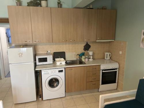 a kitchen with a sink and a washing machine at Anna’s house in Síndos