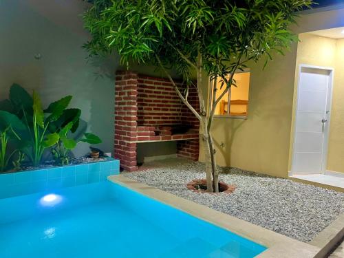 a swimming pool with a tree in the middle at Casa Agarj in Santa Marta