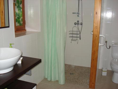 un bagno con tenda doccia verde e lavandino di La Girolle a Saint-Geniès