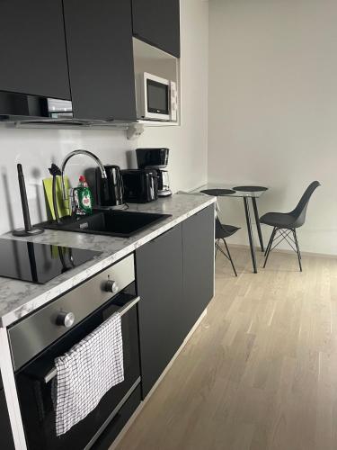 タンペレにあるBright and cozy studioのシンクとカウンタートップのあるキッチン