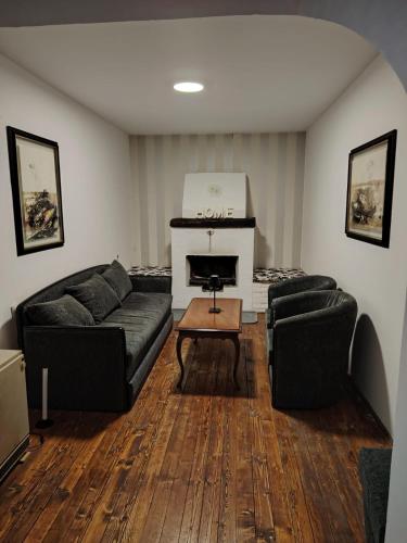 a living room with two couches and a fireplace at Vila Blue Mountain Lake in Ledinci