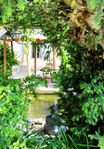 a pond in the middle of a garden with trees at Hôtel Mas Vidau Porte des Alpilles in Saint-Étienne-du-Grès