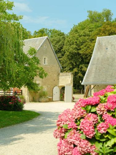 a bunch of pink flowers in front of a building at Hôtel Le Manoir De Mathan Crépon à la campagne 5 mn d'Arromanches et 10 mn de Bayeux in Crépon