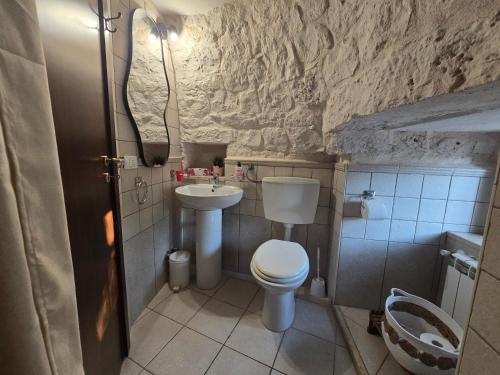 a small bathroom with a toilet and a sink at Trullo Olivia con piscina riscaldata, natura e relax in Martina Franca