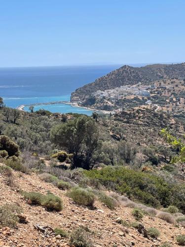 a view of the ocean from the top of a hill at Meer an Oliven in Agia Galini