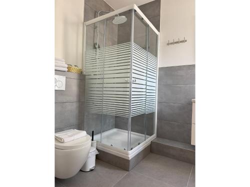 a bathroom with a toilet and a glass shower at Hotel & Restaurant Frechen in Frechen