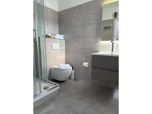 a bathroom with a toilet and a shower and a sink at Hotel & Restaurant Frechen in Frechen