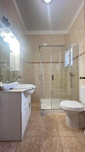 a bathroom with a shower and a toilet and a sink at Sea and Sun 4 You - Villa Jardim in Santana