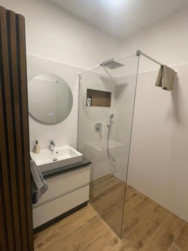 a bathroom with a sink and a shower with a mirror at Riverside Apartment Szeged in Szeged
