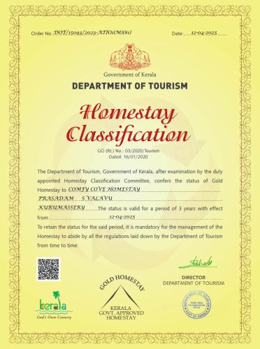 a permit for the department of tourism emergency classification at Homestay near Kochi Airport in Ernakulam