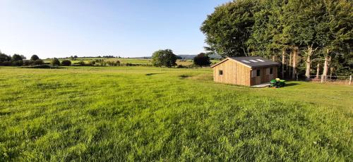a small wooden shed in a field of grass at B&B Domaine du Vieux Chêne in Stoumont