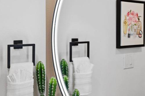 a mirror on a wall with towels and a cactus at Peaceful 1-BR Stay w/ Putting Green near Downtown in Oak Cliff