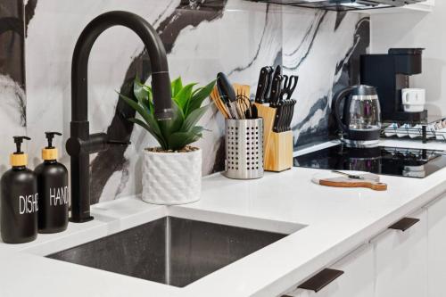 a kitchen counter with a sink and utensils at Peaceful 1-BR Stay w/ Putting Green near Downtown in Oak Cliff