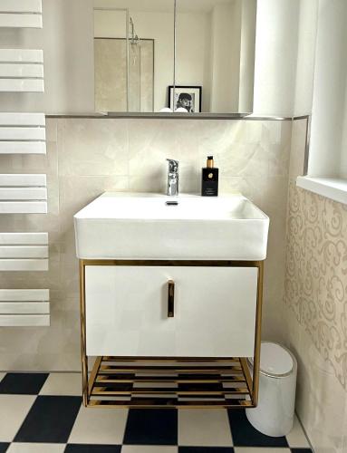 a bathroom with a white sink and a mirror at Ferienhaus am Weinaupark in Zittau