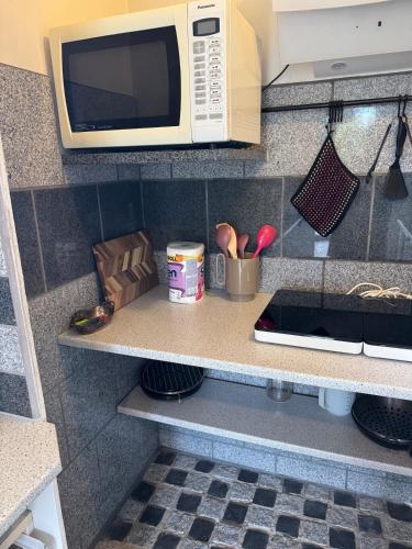 a kitchen with a microwave and a counter top at The Pigeon Hole in Ribe