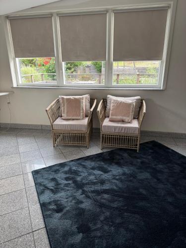 two chairs and a rug in a room with windows at The Pigeon Hole in Ribe