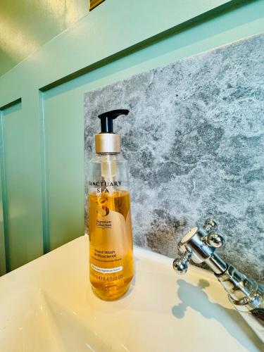 a bottle of soap sitting on top of a sink at Tudhoe Park Villas in Spennymoor