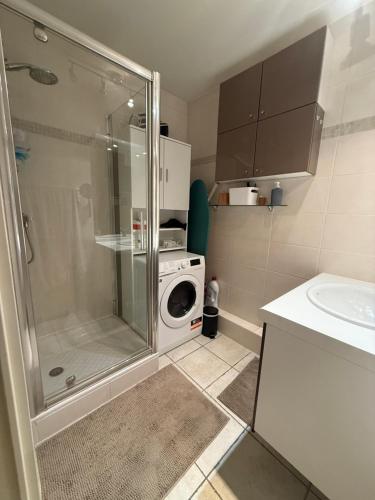 a bathroom with a washing machine and a washer at Aux portes de Genève - Chambre Individuelle in Saint-Julien-en-Genevois