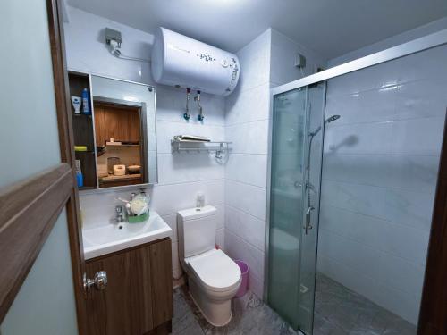 een badkamer met douche, toilet en wastafel bij Vanxing Seaside Residence in Huiyangshi