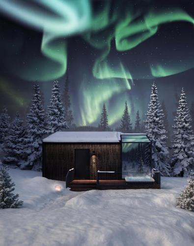 a cabin in the snow under the northern lights at Halo Igloos - Private Sauna & Jacuzzi - Opening in November 2025 in Rovaniemi