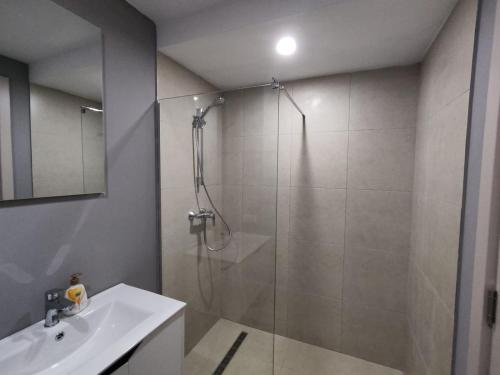 une salle de bain avec douche et lavabo dans l'établissement Evdo Apartments F4 modern room, à Kʼumlistsʼikhe