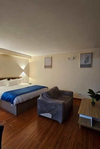 a hotel room with a bed and a chair at Hotel Asia Pacifico in Santiago