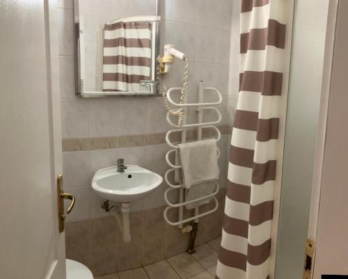 a small bathroom with a sink and a mirror at Lovely garden small apartment in Novi Sad