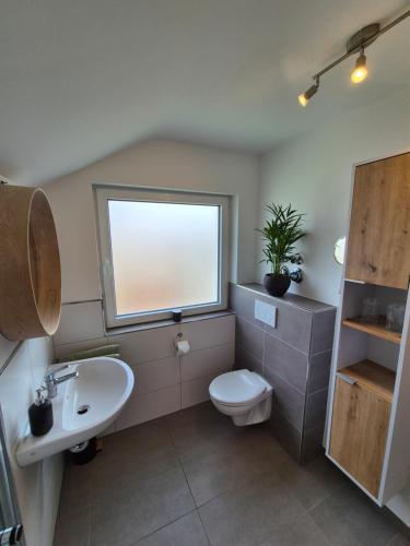 a bathroom with a toilet and a sink and a window at Emstaler Auszeit in Bad Emstal