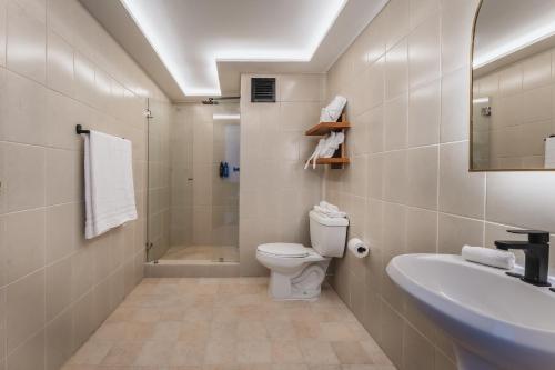 a bathroom with a toilet and a sink and a shower at Gran Hotel Panamericana, Mérida in Mérida