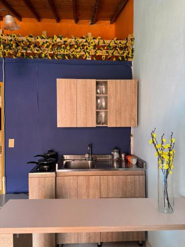 a kitchen with a sink and a blue wall at Comfortable Apartment with a Starry Night Theme in Guatapé
