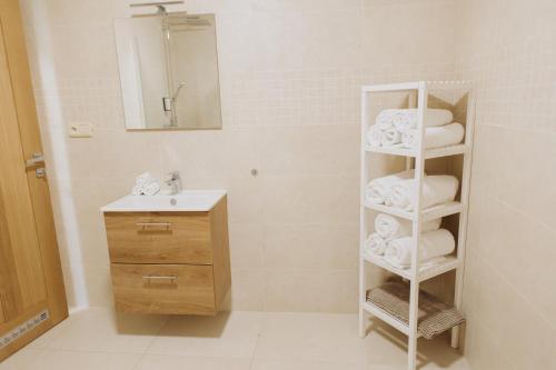 a bathroom with a sink and a shelf with towels at FamilyVilla, new 4 Luxury Big Apartments, parking in Prague