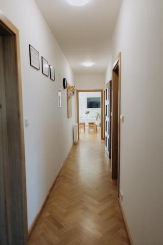 a hallway of a home with white walls and wooden floors at FamilyVilla, new 4 Luxury Big Apartments, parking in Prague