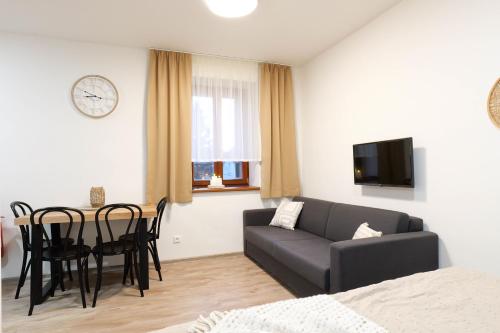 a living room with a couch and a table at Horský klid Klínovec in Loučná pod Klínovcem