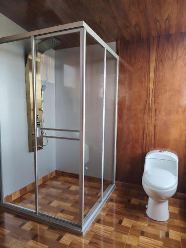 a bathroom with a toilet and a glass shower stall at Sky Domo Titicaca Lodge in Puno